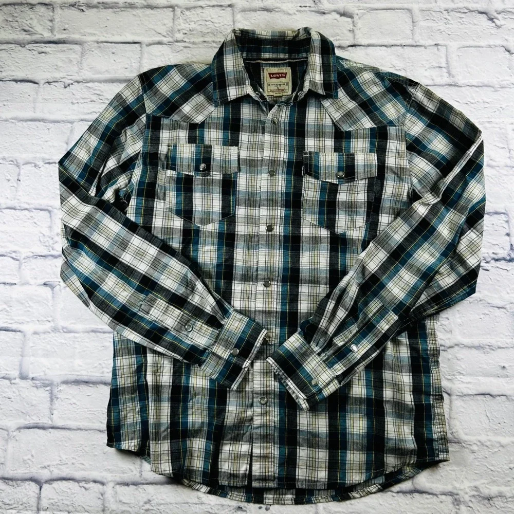 Levis Mens Small Western Pearl Snap Plaid Shirt Black Green White Long Sleeve